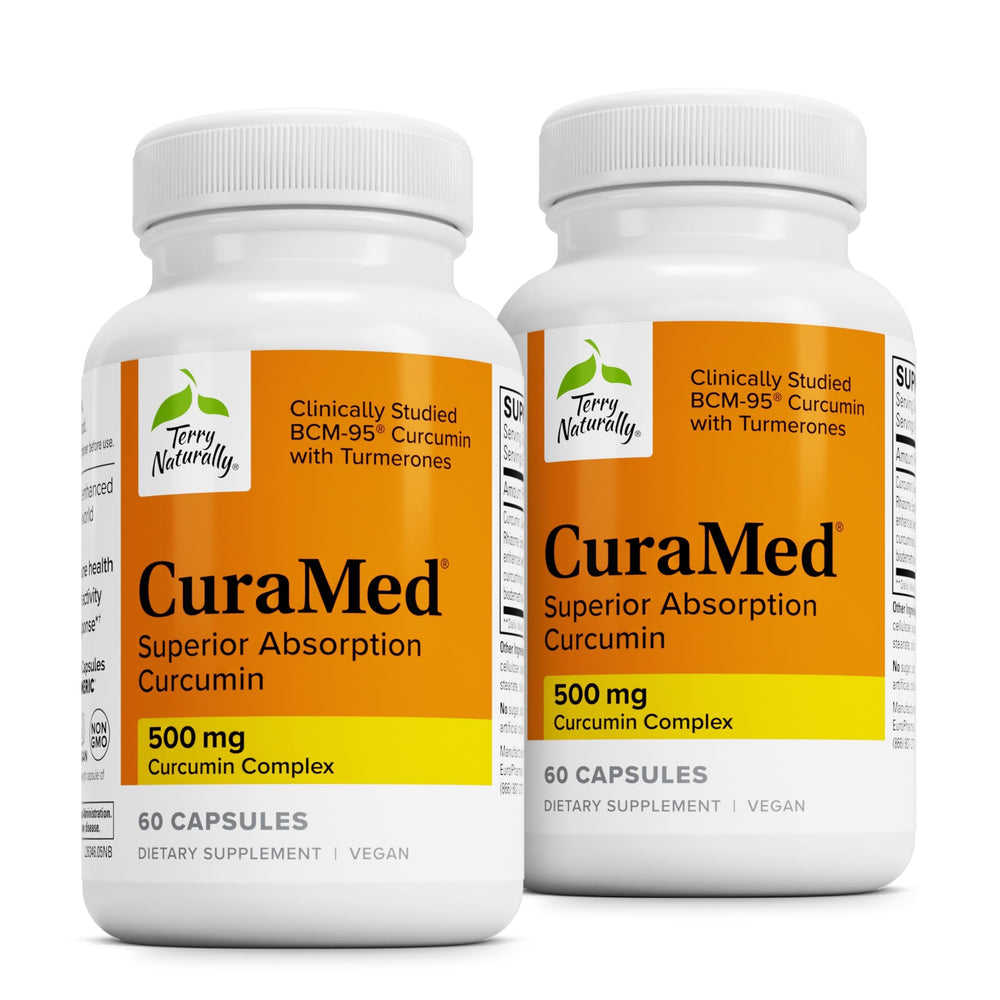 Terry Naturally CuraMed 500mg bottle front view highlighting enhanced absorption curcumin for antioxidant support.