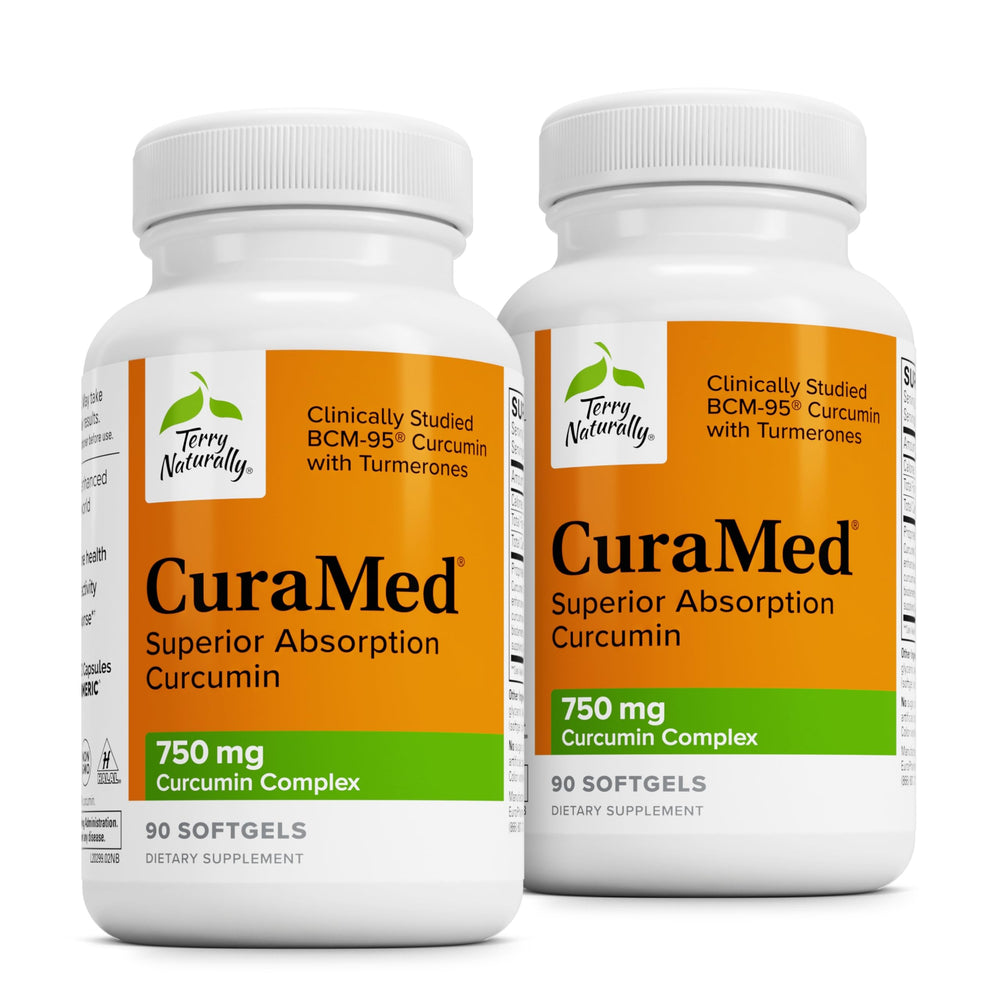 Terry Naturally CuraMed 750mg bottle close-up highlighting high-potency curcumin for antioxidant support.