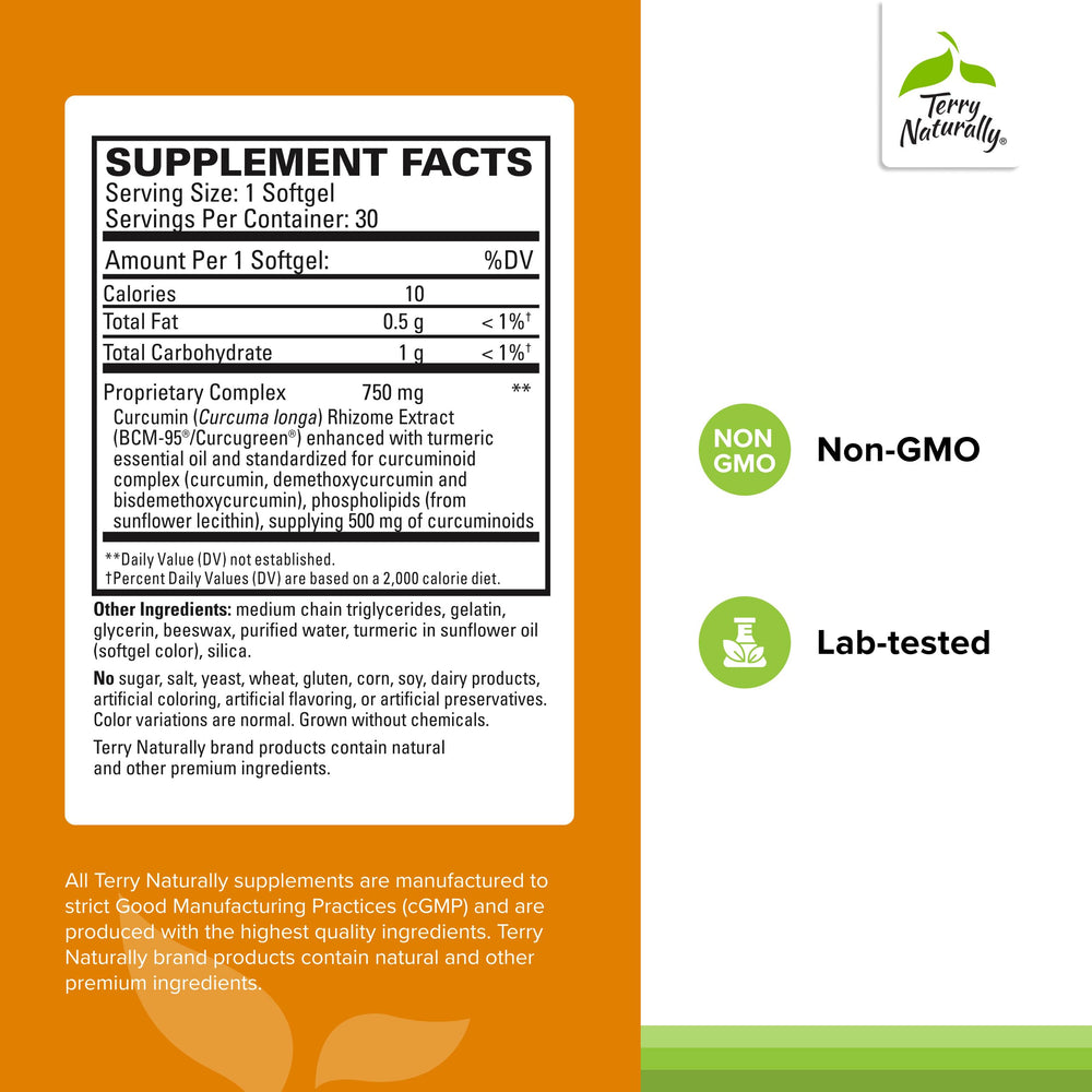 Terry Naturally CuraMed softgel close-up highlighting high-potency curcumin.
