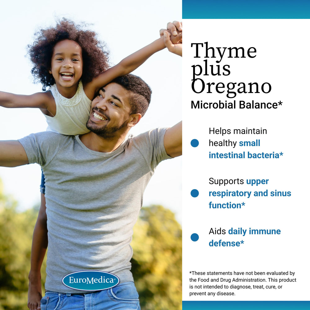 EuroMedica Thyme Plus Oregano bottle with fresh herbs highlighting digestive balance