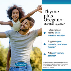EuroMedica Thyme Plus Oregano bottle with fresh herbs highlighting digestive balance
