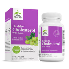 Terry Naturally Healthy Cholesterol with Amla bottle showing heart-support capsules.