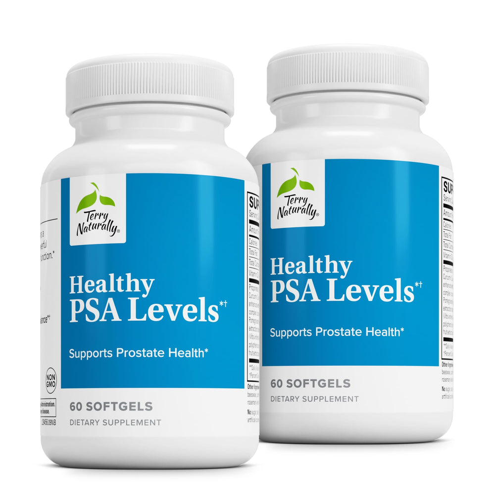 Terry Naturally Healthy PSA Levels bottle featuring BCM-95 curcumin softgels for prostate support