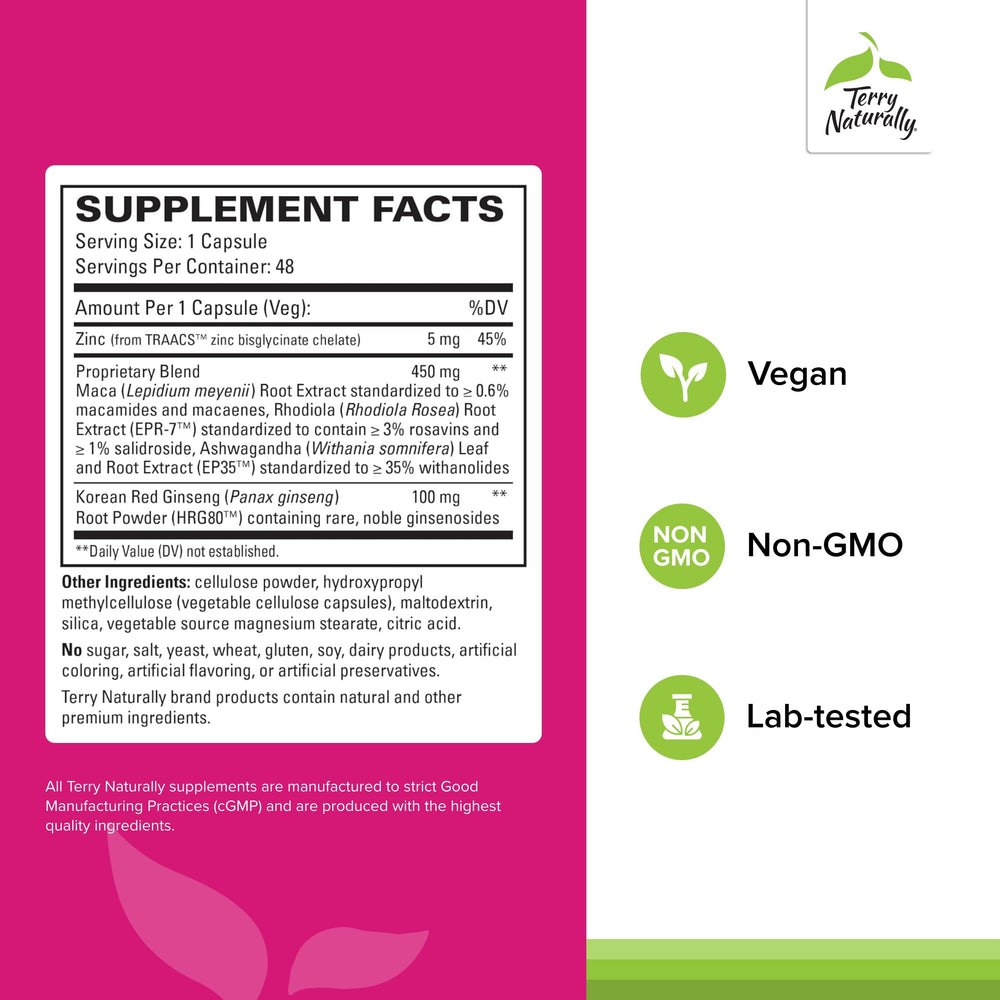 Terry Naturally HRG80 red ginseng capsules close-up highlighting energy support.