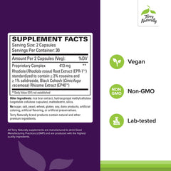 Terry Naturally Menopause Relief Plus bottle label close-up highlights rhodiola and black cohosh ingredients.