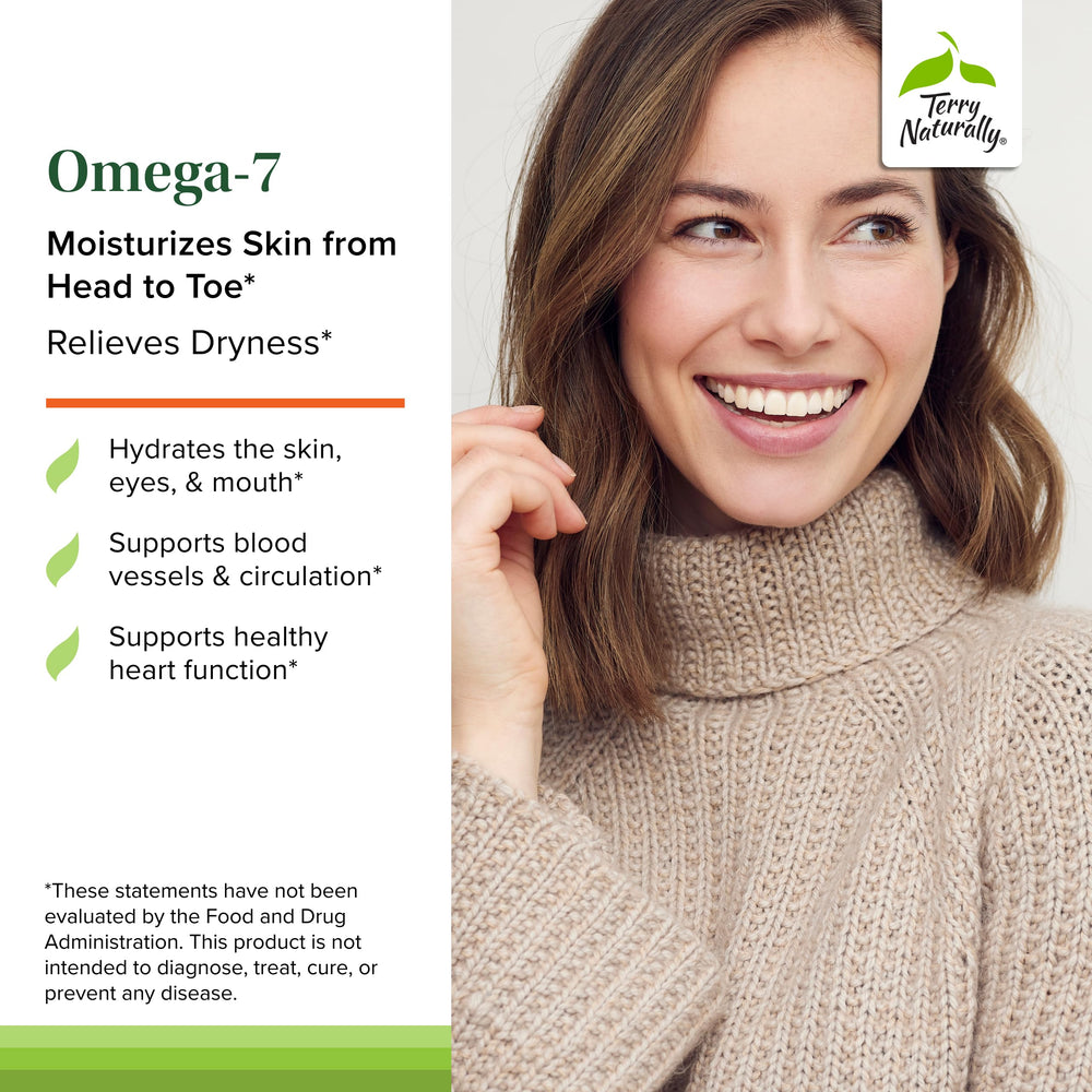 Omega-7 plus omega-3-6-9 from Terry Naturally for elasticity and gentle GI comfort