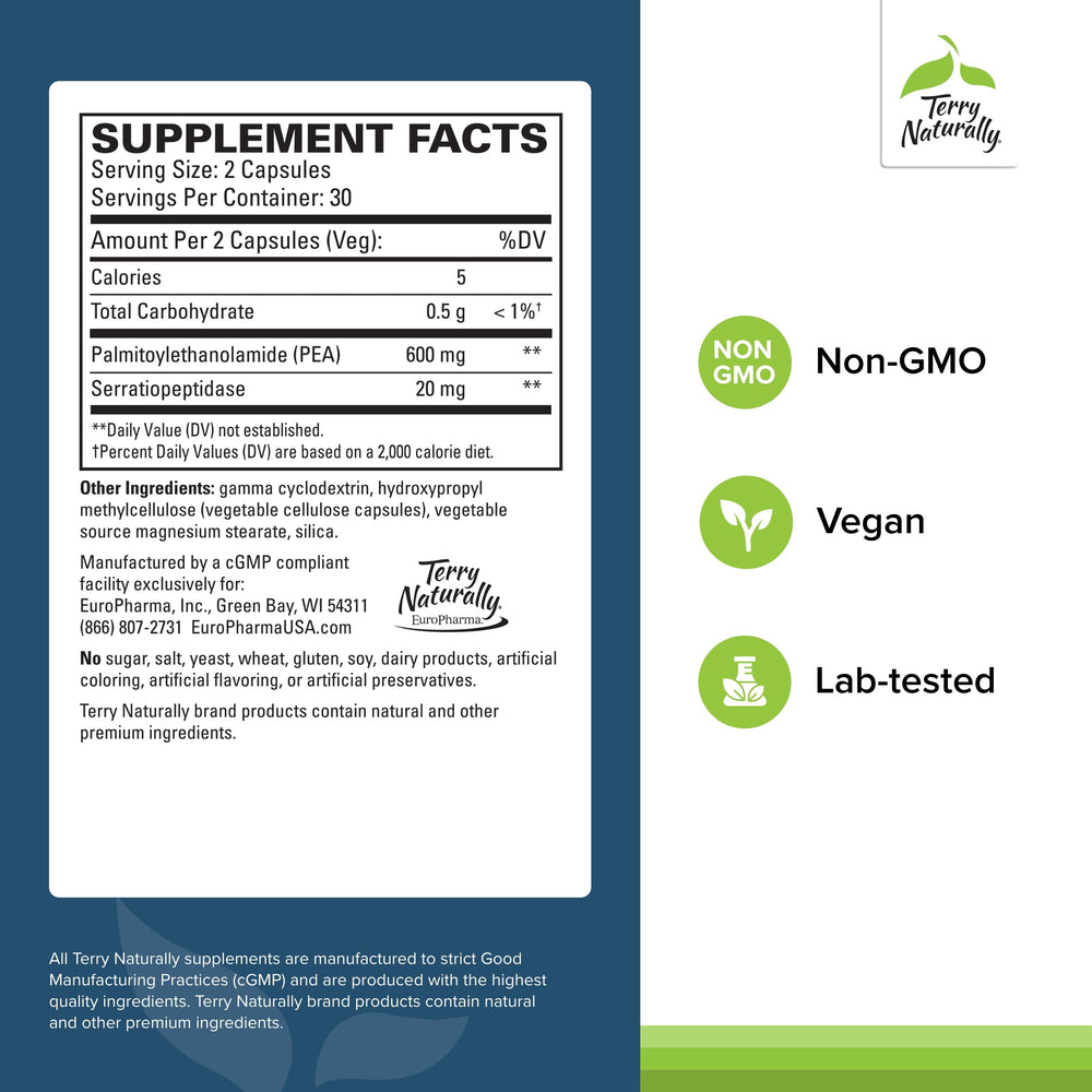 Terry Naturally Pea Healthy capsules-closeup highlighting daily, dairy-free capsules for use.