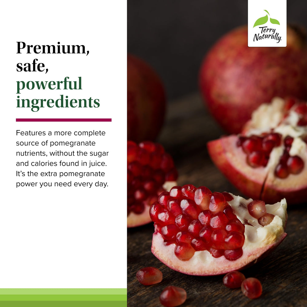 Terry Naturally Pomegranate Seed Oil packaging on display communicates clean, allergen-friendly wellness.