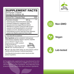 Terry Naturally Resveratrol Complex label showcasing vegan, non-GMO ingredients.