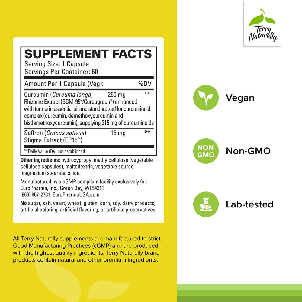 Close-up of Terry Naturally Saffron Lift Curcumin capsules for easy daily dosing.