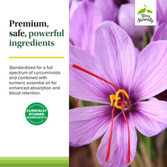 Saffron threads and bottle label emphasize key ingredient focus.