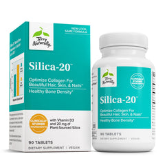 Terry Naturally Silica-20 bottle close-up highlighting hair, skin, and nails support.