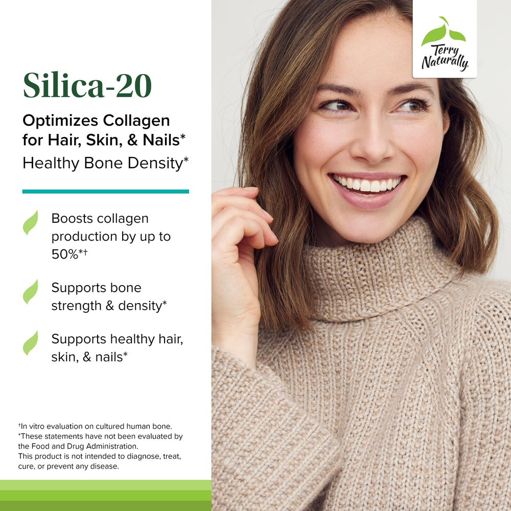 Terry Naturally Silica-20 product image showing hair, nails and skin benefits in daily use.