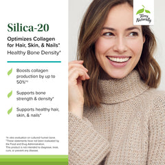 Terry Naturally Silica-20 product image showing hair, nails and skin benefits in daily use.