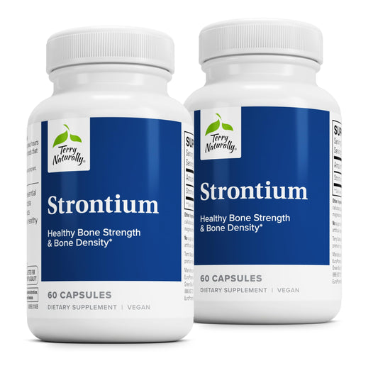 Terry Naturally Strontium bottle label close-up showing vegan capsules for bone health support