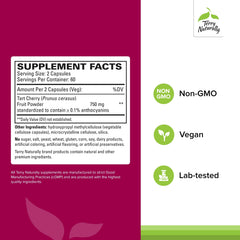 Terry Naturally Tart Cherry capsules closeup emphasize vegan capsules.