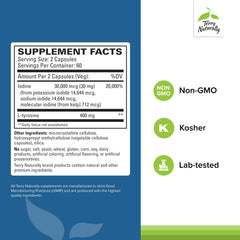 Terry Naturally Thyroid Care capsules close-up highlighting iodine and L-tyrosine benefits.