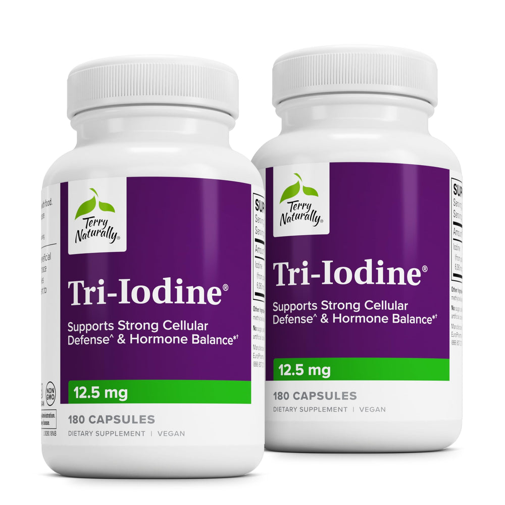 Terry Naturally Tri-Iodine bottle front showing label for thyroid support.