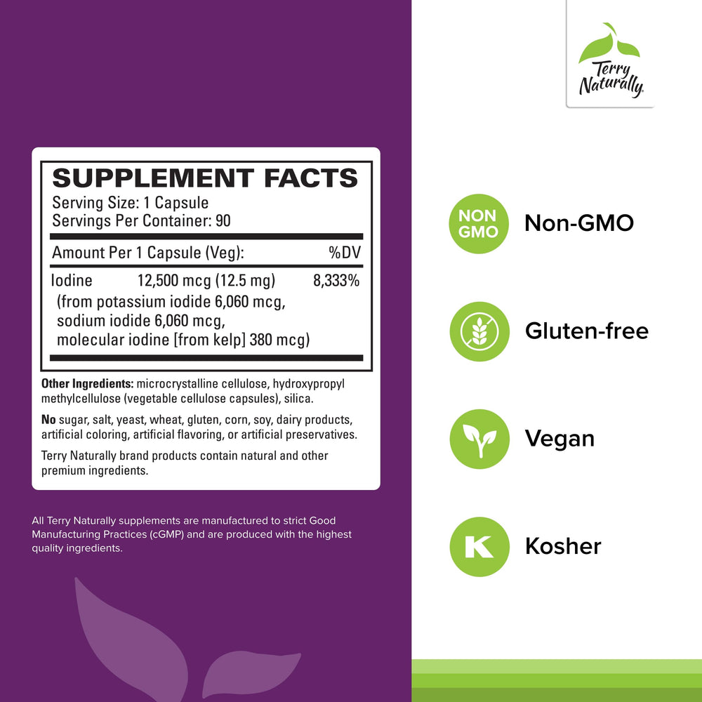 Terry Naturally Tri-Iodine capsules close-up highlights triple-iodine blend for broader support.