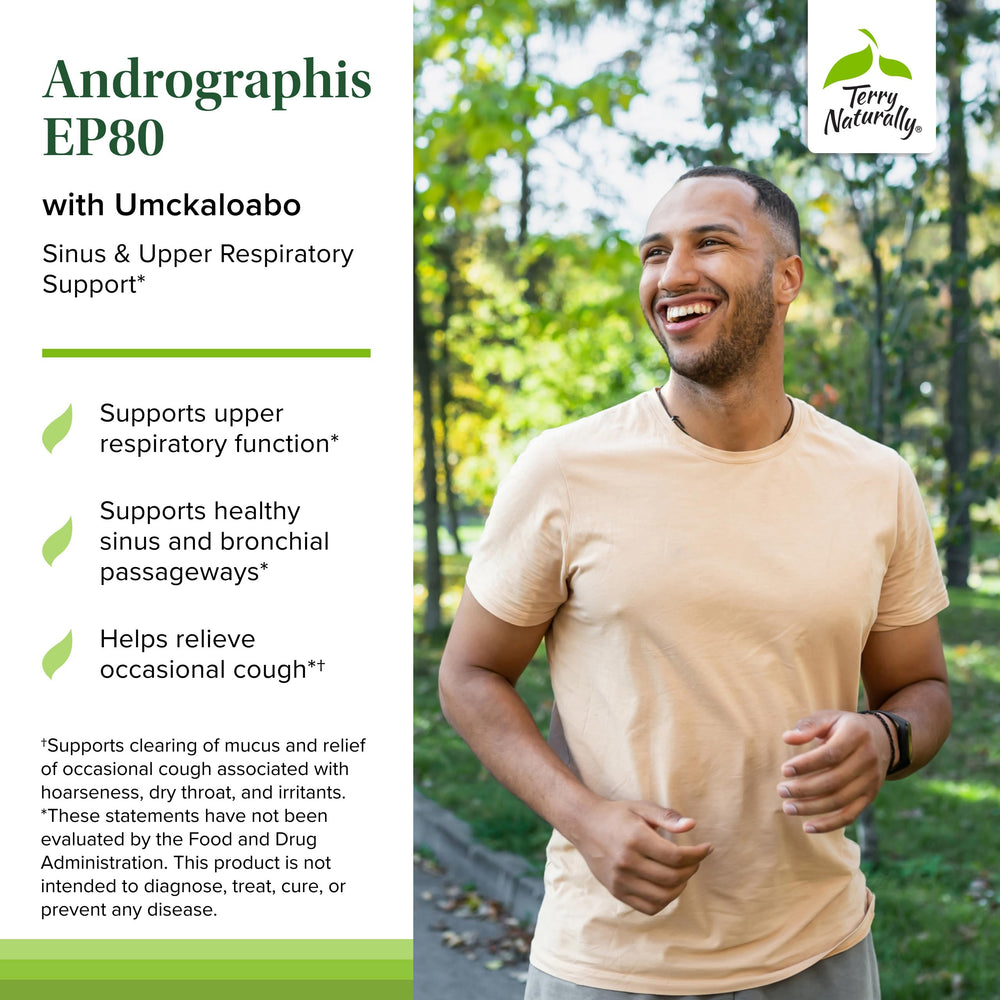 Umckaloabo extract close-up with Terry Naturally label for traditional respiratory pathway support.