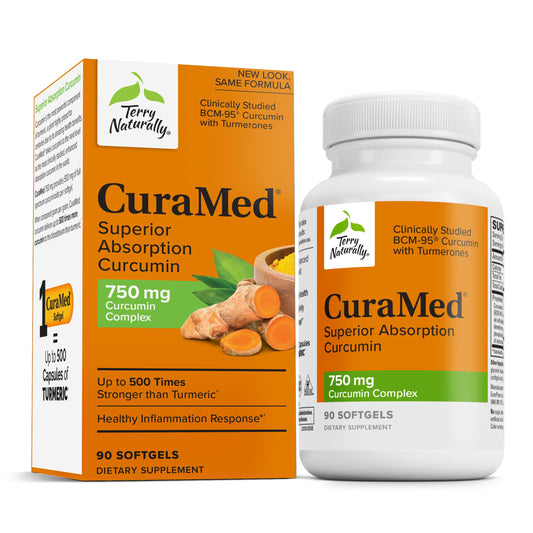 Terry Naturally CuraMed 750mg bottle front view, potent antioxidant formula.