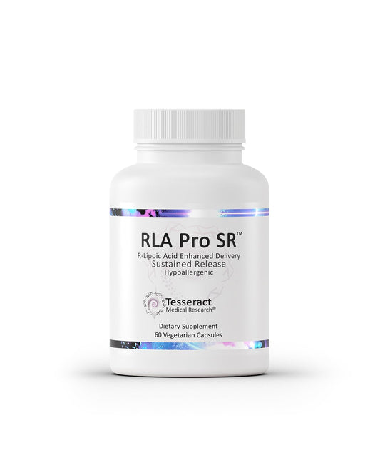 Tesseract RLA Pro SR bottle label highlights R-lipoic acid details for energy support