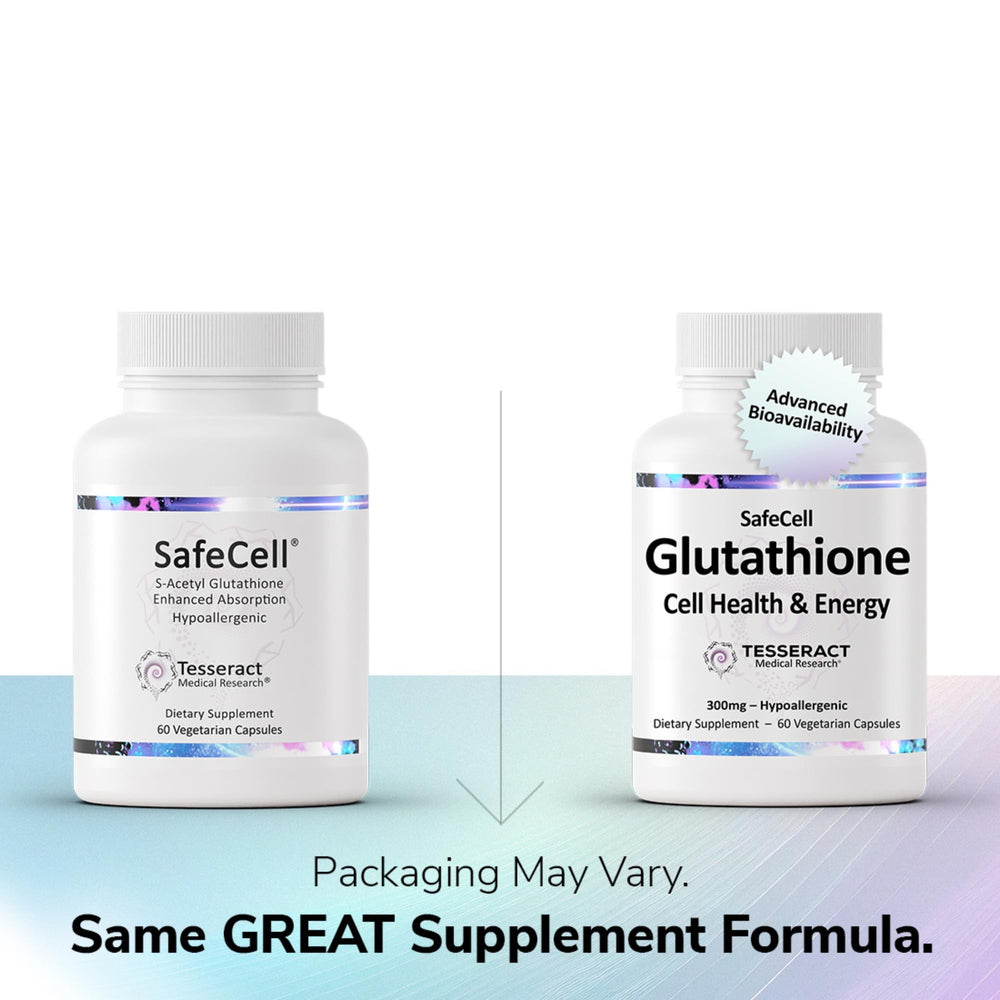 Tesseract SafeCell capsules arranged to show vegan hypoallergenic formula