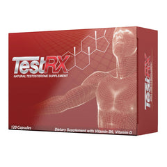 TESTRX testosterone booster bottle close-up for natural energy support.