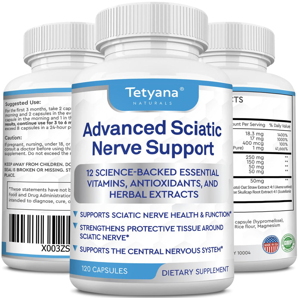 Tetyana Naturals Advanced Sciatic Nerve Support bottle: easy daily capsules for ongoing nerve support