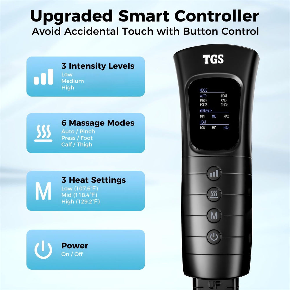 TGS leg massager LED control panel for easy mode selection.