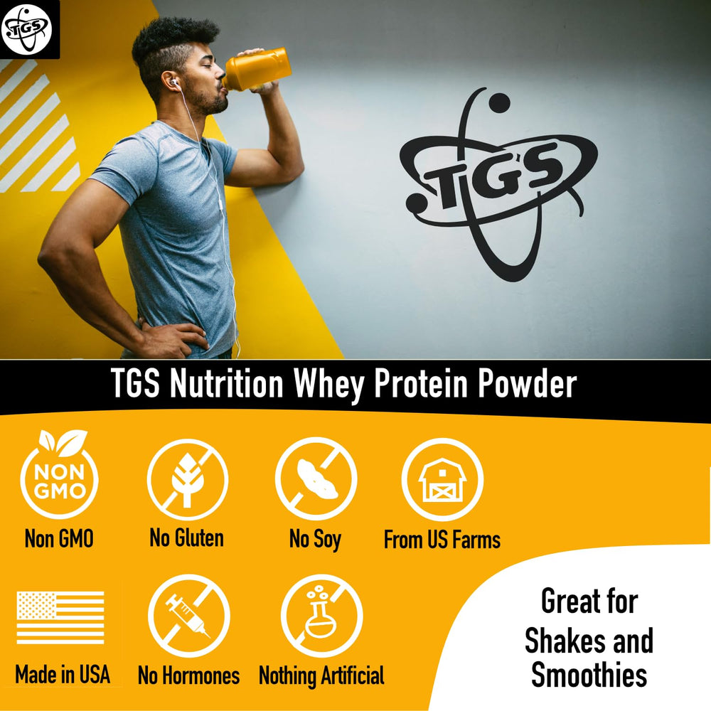 TGS Nutrition chocolate whey powder in a shaker cup after workouts