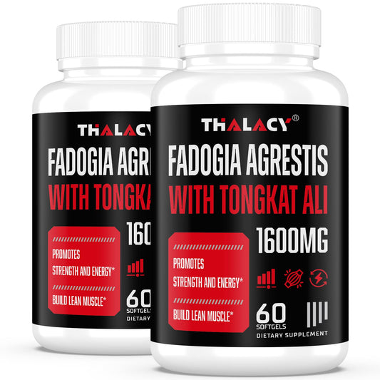 Thalacy 1600mg Fadogia Agrestis Tongkat Ali softgel bottle for peak daily performance.