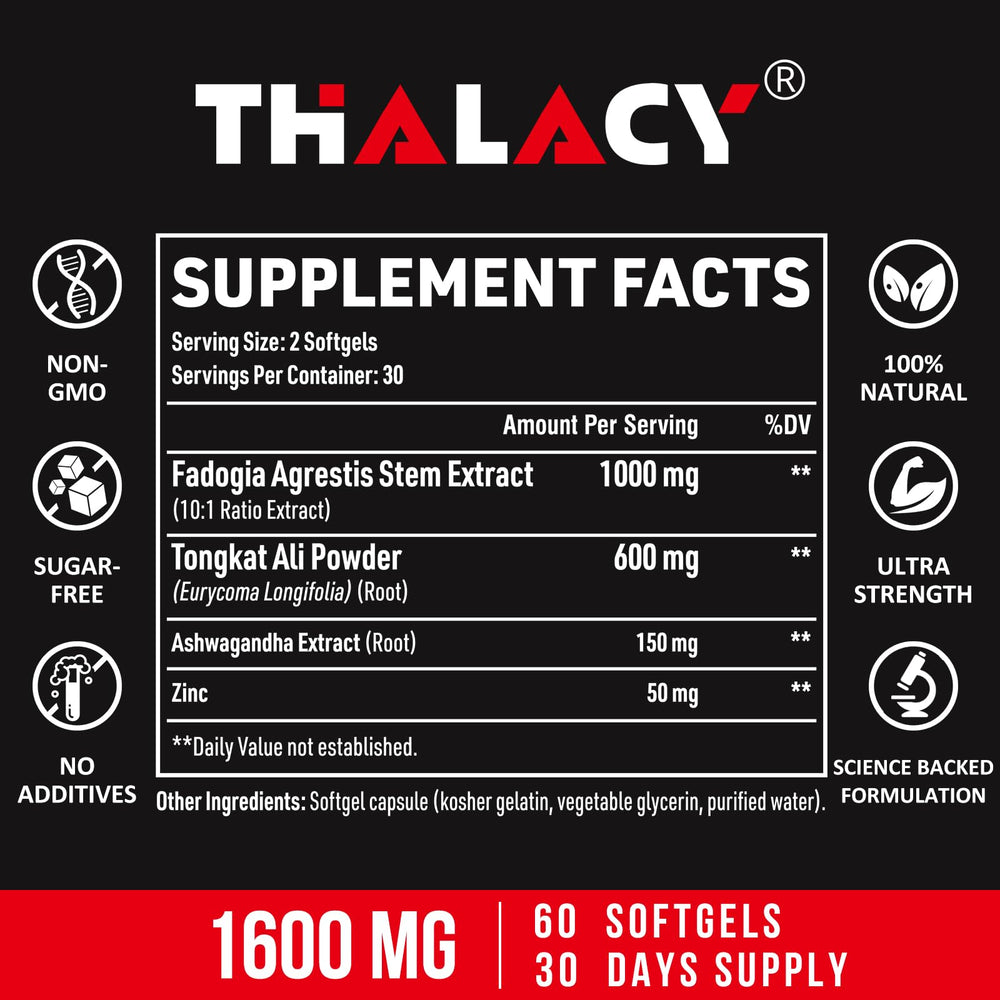 Thalacy ingredients label detail showing potency and purity standards.