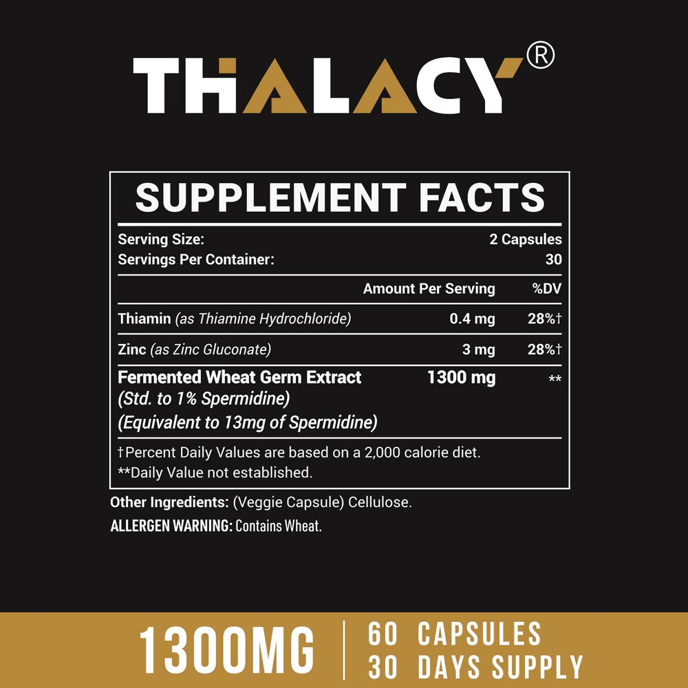 Thalacy Spermidine capsules close-up highlights 13 mg per serving.