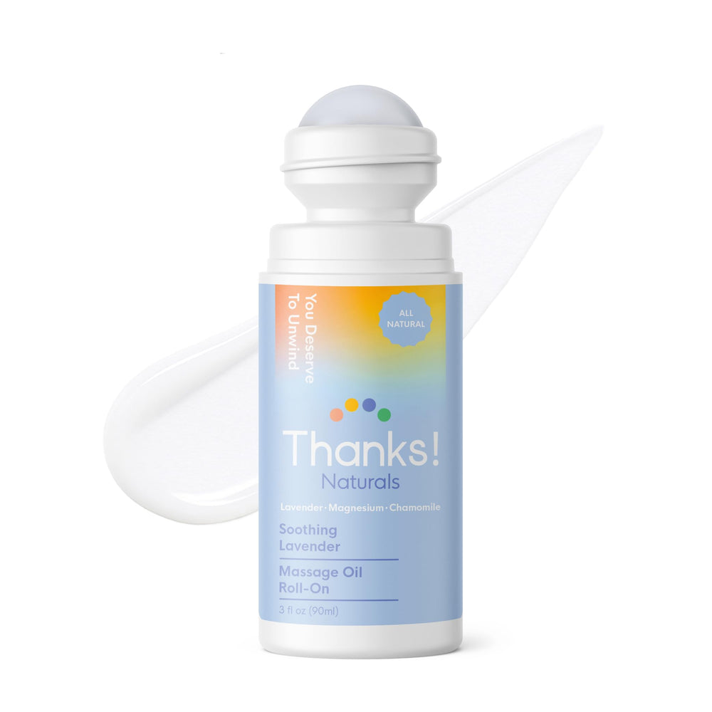 Thanks! Naturals Massage Oil Roll On bottle front for quick, hydrating massage