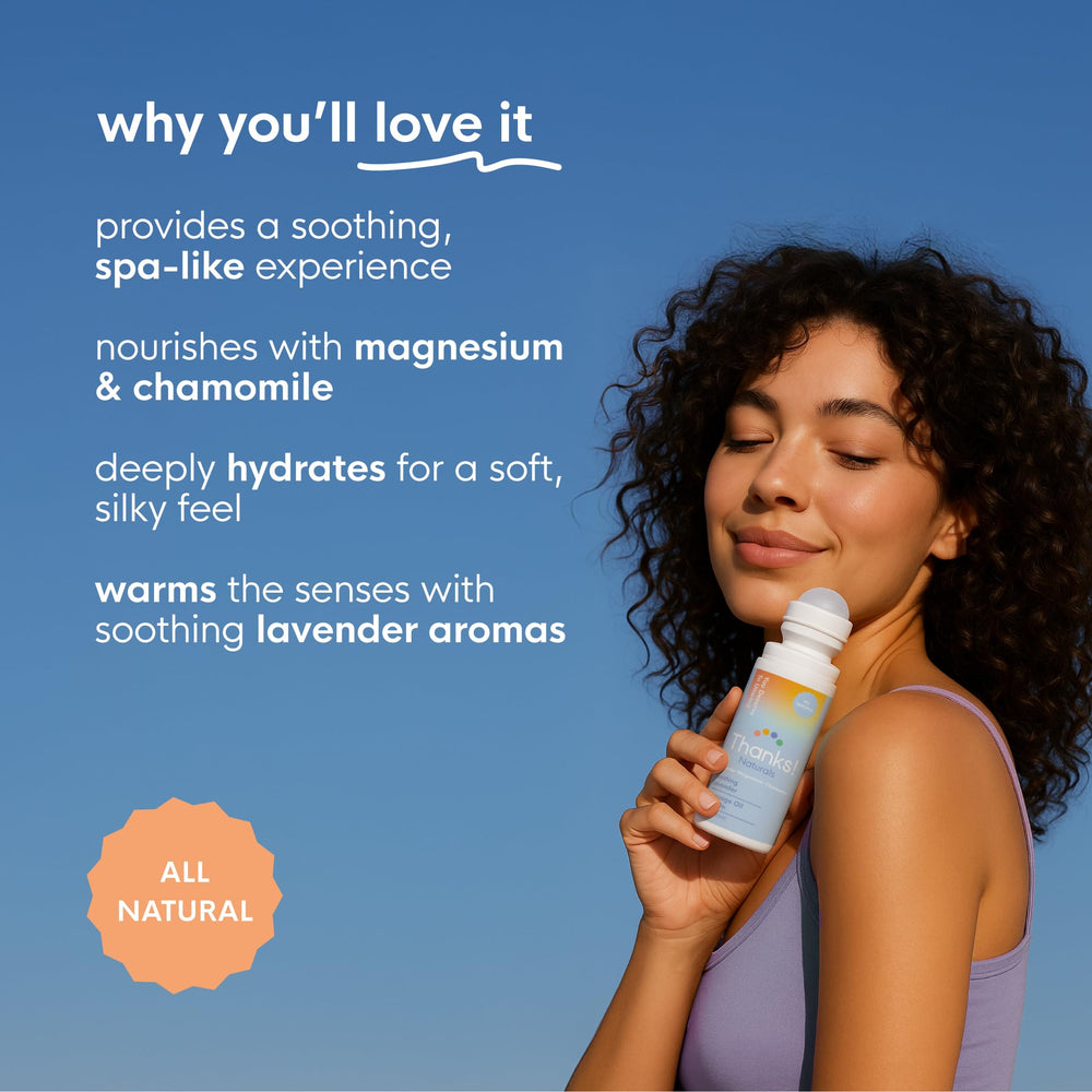 Lavender drops in Thanks! Naturals Massage Oil Roll On highlight soothing aroma