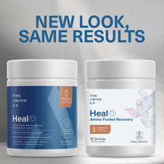 The Amino Co Heal chocolate tub back view highlighting amino acids for recovery.