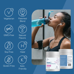 The Amino CO Heal label close-up showing vegan and keto-friendly claims.