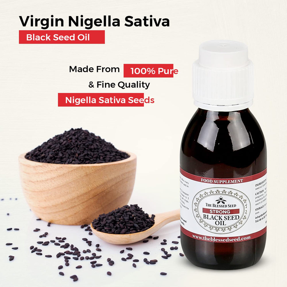 The Blessed Seed oil shown beside a teaspoon suggests easy daily intake.