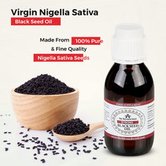 The Blessed Seed oil shown beside a teaspoon suggests easy daily intake.