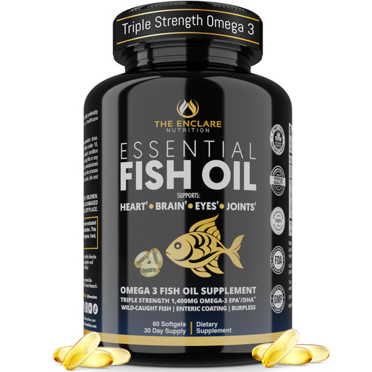 THE ENCLARE NUTRITION fish oil softgels bottle for burpless omega-3 supporting heart health.