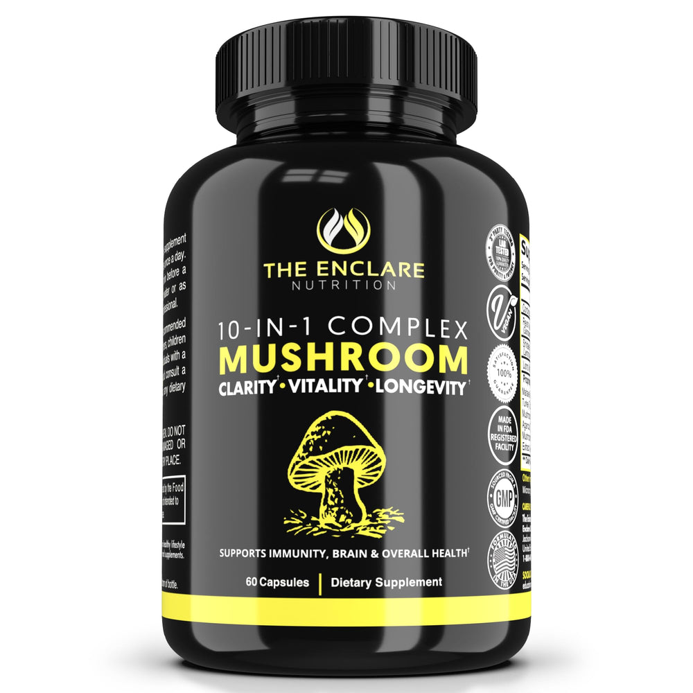 The Enclare Nutrition Mushroom 10in1 bottle label — immune support blend.