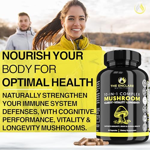The Enclare Nutrition Mushroom 10in1 bottle on desk — daily energy lift.