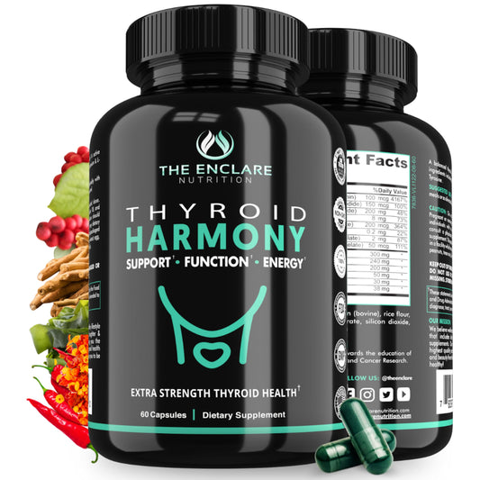 The Enclare Nutrition Thyroid Harmony bottle on a counter, signaling balanced energy.