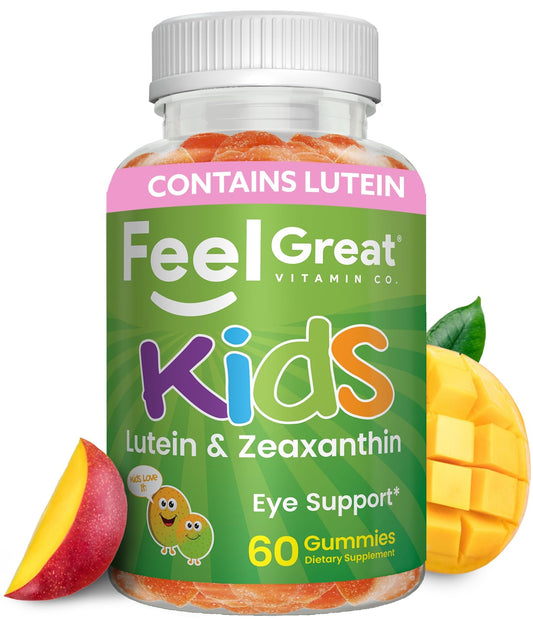 The Feel Great Vitamin Company kids eyes gummies bottle offers a tasty, easy daily chew.