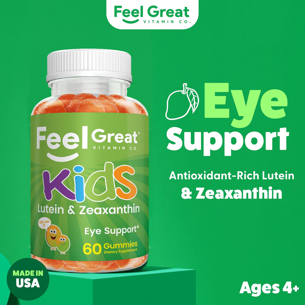 The Feel Great Vitamin Company kids eyes gummies closeup highlight chewy texture and mango flavor.