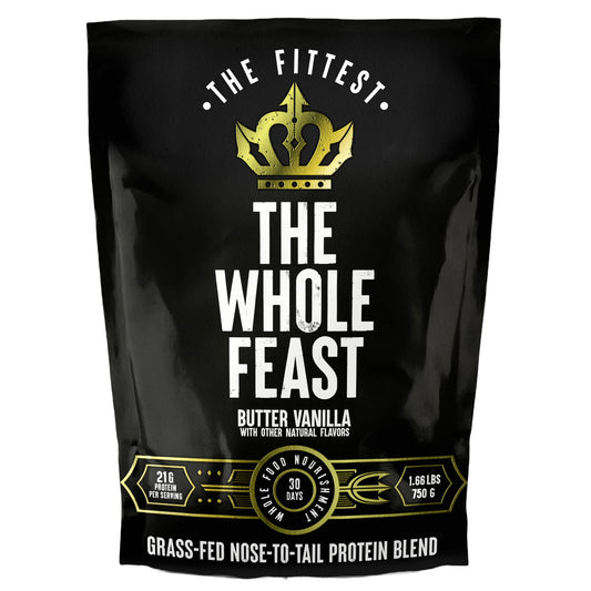 The Fittest Ever Whole Feast beef protein powder, vanilla butter, helps build lean muscle and recovery.