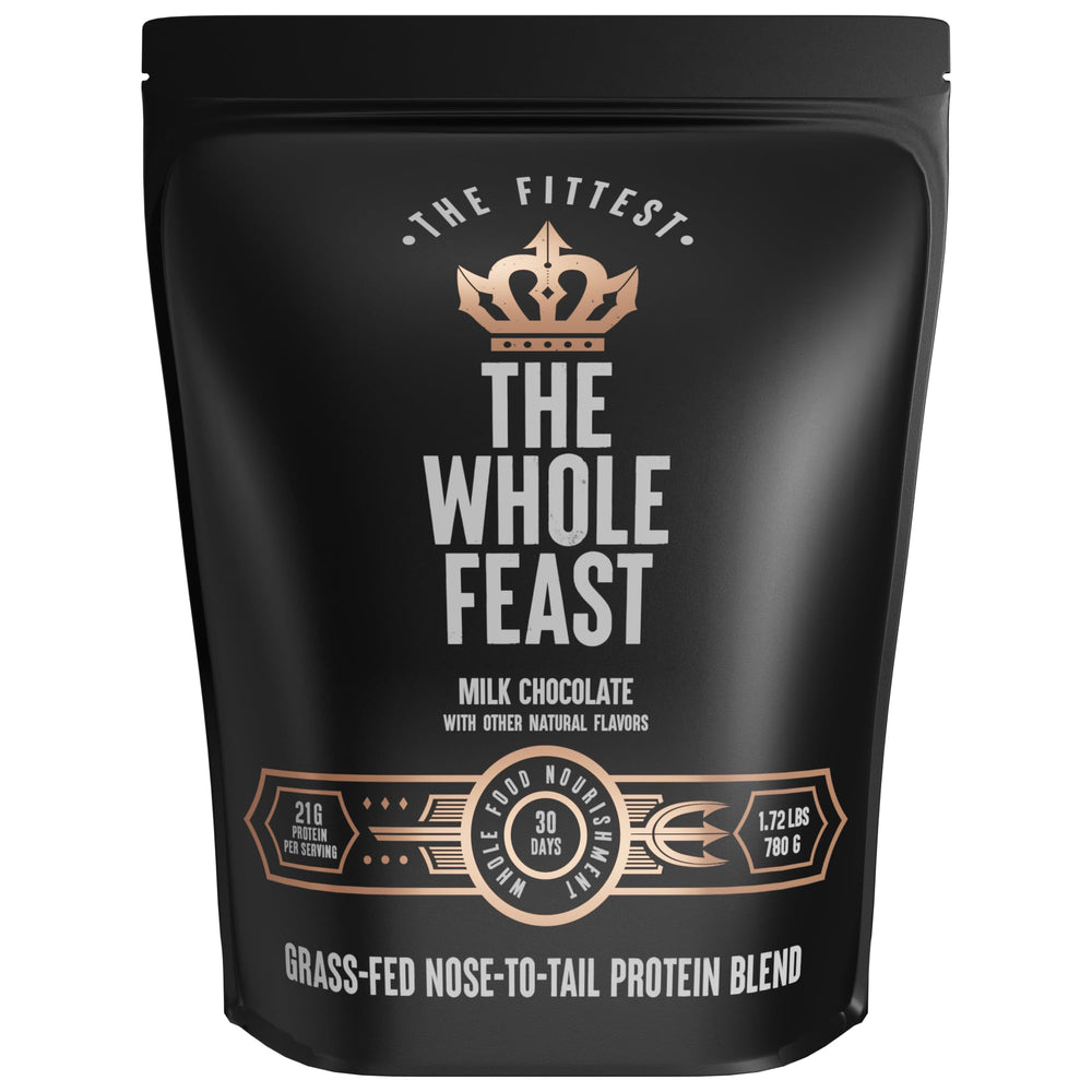 The Fittest Ever Whole Feast beef protein powder milk chocolate tub supports daily protein intake