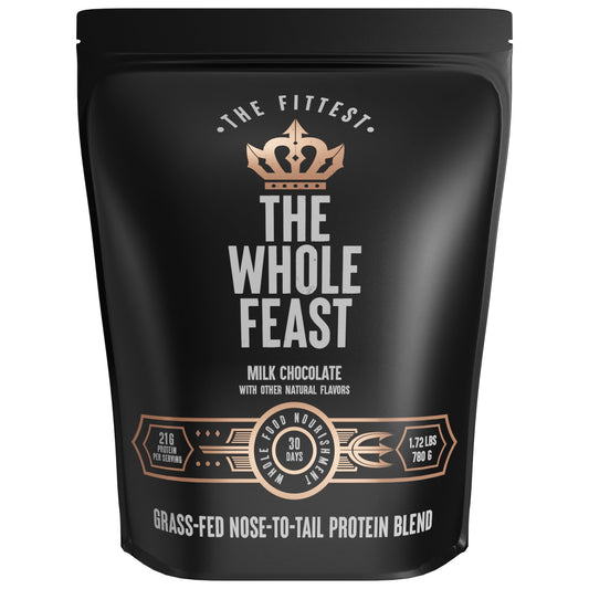 The Fittest Ever Whole Feast beef protein powder milk chocolate tub supports daily protein intake