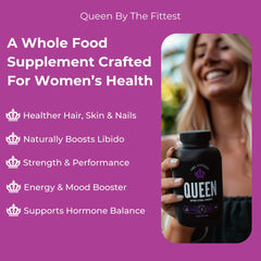 The Fittest Queen Organ bottle with label emphasizes vitality-enhancing nutrients.